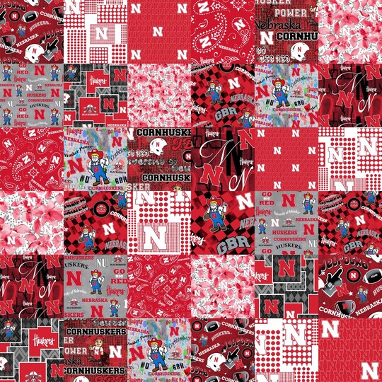 Sykel Enterprises-University of Nebraska Cheater Quilt Printed Cotton Fabric-Nebraska Cornhuskers Cotton Fabric with Patchwork Cheater Quilt Print-60” Width